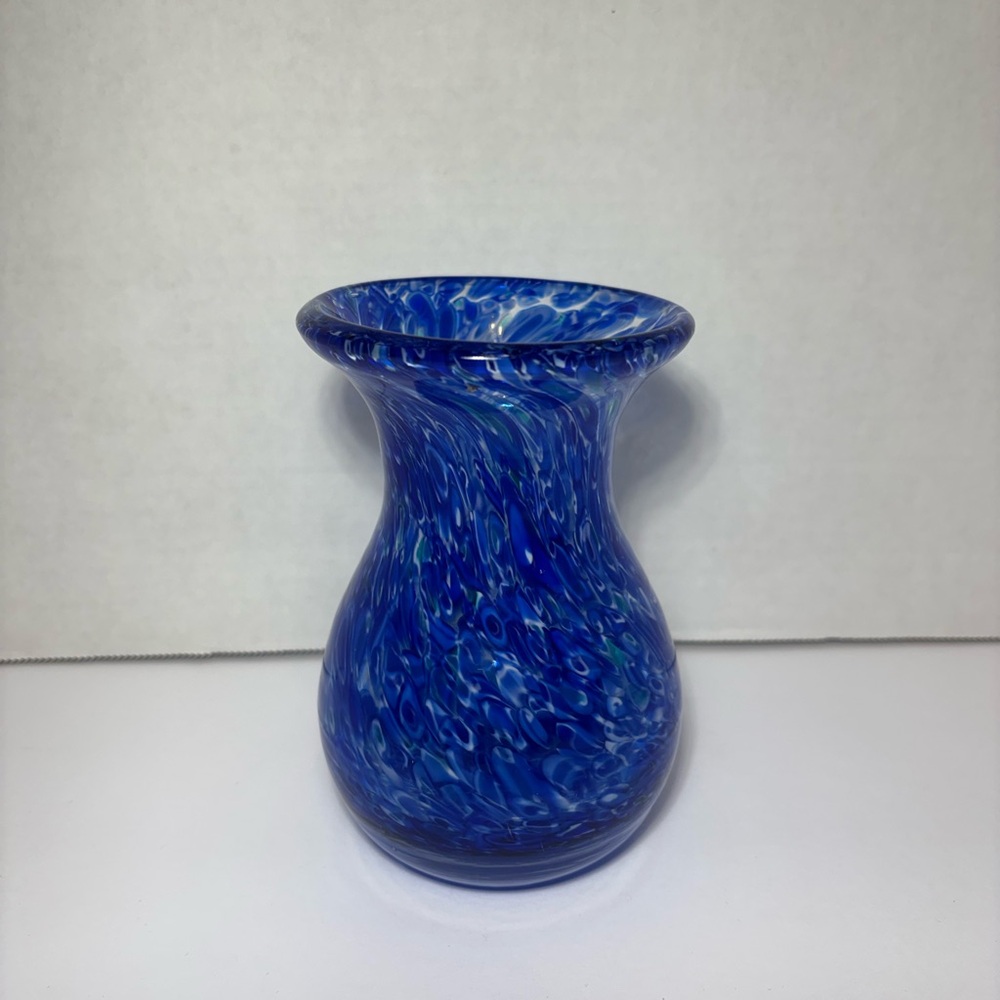 Cobalt Blue Vase White Swirl Art Glass Heavy Glass 5.5” Smooth Bottom Home Decor